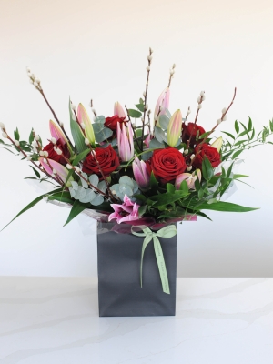 Elegant Valentine Rose and Lily Handtied